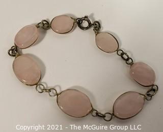 Two Piece Matching Set of Pink Quartz Gem Stones Set Metal Bezel Link Necklace & Bracelet. 