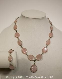 Two Piece Matching Set of Pink Quartz Gem Stones Set Metal Bezel Link Necklace & Bracelet. 