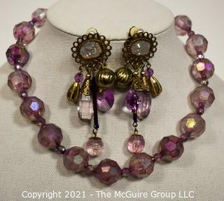 Purple Iridescent Bead Necklace and Earrings Set.  