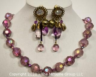 Purple Iridescent Bead Necklace and Earrings Set.  