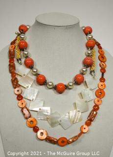 Three (3) Beaded Necklaces in Orange & White Mother of Pearl.
