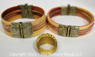 Three (3) Pieces of Bone Jewelry.  Two Bone with Silver Plate Hinge Bangle Bracelets and One Ring. 