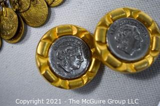 Four (4) Pieces of Gold Toned Coin Themed Costume Jewelry.  Two necklaces and two pairs of Clip on Earrings.