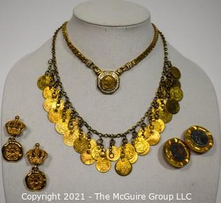 Four (4) Pieces of Gold Toned Coin Themed Costume Jewelry.  Two necklaces and two pairs of Clip on Earrings.