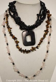 Three Gemstone Chip Necklaces Including Black Onyx, Pink Quartz & Tigerseye. 