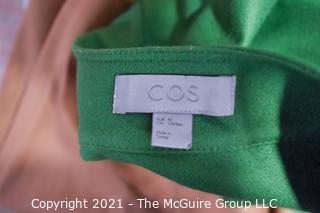 Two (2) Pieces of Clothing by COS.  One Beige Minimalist Top or Shirt & One Modernist Green Button Front Dress or Jacket with Pockets, Size 10.