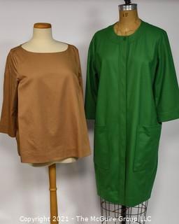 Two (2) Pieces of Clothing by COS.  One Beige Minimalist Top or Shirt & One Modernist Green Button Front Dress or Jacket with Pockets, Size 10.