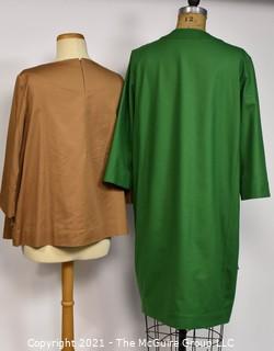 Two (2) Pieces of Clothing by COS.  One Beige Minimalist Top or Shirt & One Modernist Green Button Front Dress or Jacket with Pockets, Size 10.