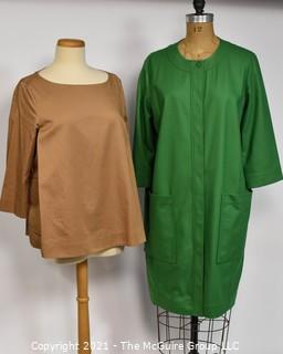 Two (2) Pieces of Clothing by COS.  One Beige Minimalist Top or Shirt & One Modernist Green Button Front Dress or Jacket with Pockets, Size 10.