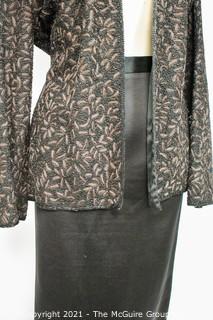 Vintage Black Tie Oleg Cassini 100% Silk Sequin Embellished Jacket with Matching Skirt, Size XL & 14.