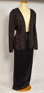 Vintage Black Tie Oleg Cassini 100% Silk Sequin Embellished Jacket with Matching Skirt, Size XL & 14.