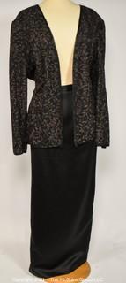 Vintage Black Tie Oleg Cassini 100% Silk Sequin Embellished Jacket with Matching Skirt, Size XL & 14.