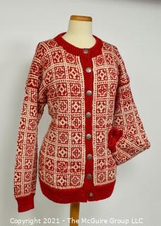 Vintage Siril Sweater Shop Red & White Wool Hand Knit Cardigan Made in Oslo Norway.
