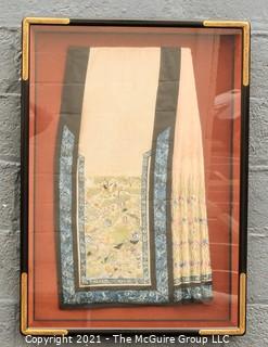 Antique Framed Under Glass Asian Silk Embroidered Decorative Fabric or Obi Decorated on Both Sides. Stiched to backing, not glued.  Frame measures approximately 27" x 37"