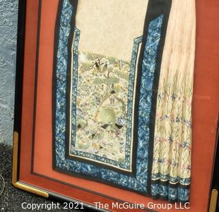 Antique Framed Under Glass Asian Silk Embroidered Decorative Fabric or Obi Decorated on Both Sides. Stiched to backing, not glued.  Frame measures approximately 27" x 37"