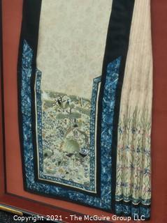 Antique Framed Under Glass Asian Silk Embroidered Decorative Fabric or Obi Decorated on Both Sides. Stiched to backing, not glued.  Frame measures approximately 27" x 37"