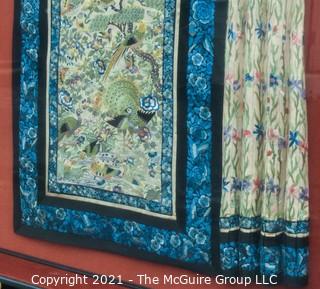 Antique Framed Under Glass Asian Silk Embroidered Decorative Fabric or Obi Decorated on Both Sides. Stiched to backing, not glued.  Frame measures approximately 27" x 37"