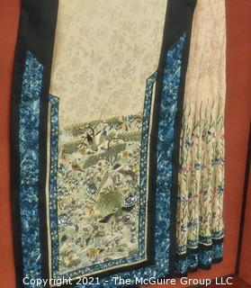 Antique Framed Under Glass Asian Silk Embroidered Decorative Fabric or Obi Decorated on Both Sides. Stiched to backing, not glued.  Frame measures approximately 27" x 37"