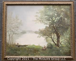 Framed Oil On Canvas of Boat on Lake Signed by Artist Mensch.  It measures approximately 38 x 46"