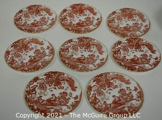 Set of Dinner Plates, English Bone China Made by Royal Crown Derby in "Red Aves" Pattern. 