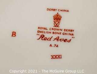 Set of Dinner Plates, English Bone China Made by Royal Crown Derby in "Red Aves" Pattern. 