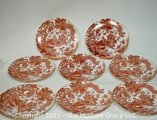 Set of Dinner Plates, English Bone China Made by Royal Crown Derby in "Red Aves" Pattern. 