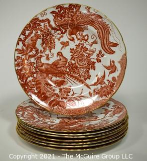 Set of Dinner Plates, English Bone China Made by Royal Crown Derby in "Red Aves" Pattern. 