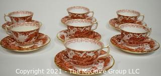 Set of Footed Tea Cups & Saucers by Royal Crown Derby in "Red Aves" Pattern English Bone China Plates.