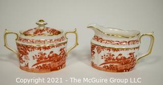 Set Creamer and Sugar Bowl with Lid by Royal Crown Derby in "Red Aves" Pattern English Bone China Plates.