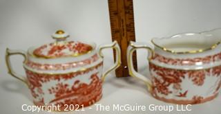 Set Creamer and Sugar Bowl with Lid by Royal Crown Derby in "Red Aves" Pattern English Bone China Plates.