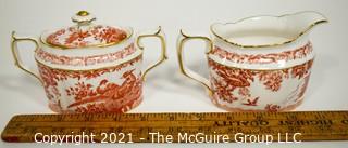 Set Creamer and Sugar Bowl with Lid by Royal Crown Derby in "Red Aves" Pattern English Bone China Plates.