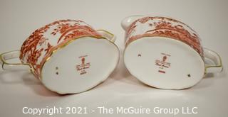 Set Creamer and Sugar Bowl with Lid by Royal Crown Derby in "Red Aves" Pattern English Bone China Plates.