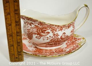 Gravy or Sauce Boat with Underplate by Royal Crown Derby in "Red Aves" Pattern English Bone China Plate.