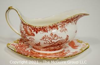 Gravy or Sauce Boat with Underplate by Royal Crown Derby in "Red Aves" Pattern English Bone China Plate.