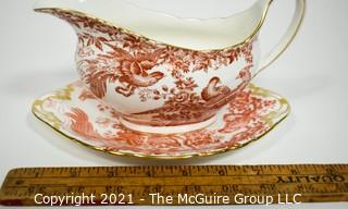 Gravy or Sauce Boat with Underplate by Royal Crown Derby in "Red Aves" Pattern English Bone China Plate.