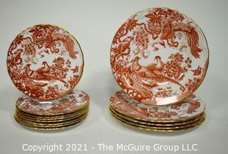 Set of Salad & Fruit English Bone China Plates Made by Royal Crown Derby in "Red Aves" Pattern. 