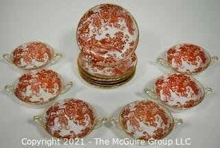 Set of Footed Cream Soup Bowl & Saucer Sets by Royal Crown Derby in "Red Aves" Pattern 	 English Bone China Plates.