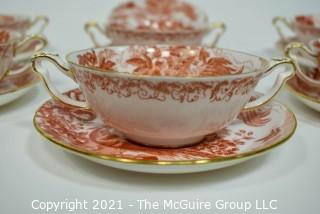 Set of Footed Cream Soup Bowl & Saucer Sets by Royal Crown Derby in "Red Aves" Pattern 	 English Bone China Plates.