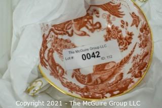 Set of Footed Cream Soup Bowl & Saucer Sets by Royal Crown Derby in "Red Aves" Pattern 	 English Bone China Plates.