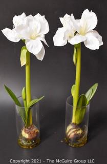 Two (2) Faux White Flowers in Glass Vases; 26"T