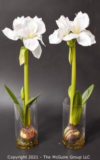 Two (2) Faux White Flowers in Glass Vases; 26"T