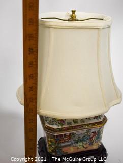 Hand Painted Porcelain Chinese Candy Box Table Lamp with Shade,  Measures approximately 8"W x 19 1/2"T