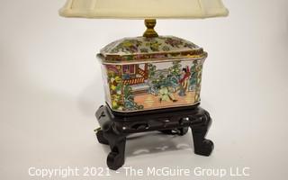 Hand Painted Porcelain Chinese Candy Box Table Lamp with Shade,  Measures approximately 8"W x 19 1/2"T