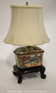 Hand Painted Porcelain Chinese Candy Box Table Lamp with Shade,  Measures approximately 8"W x 19 1/2"T