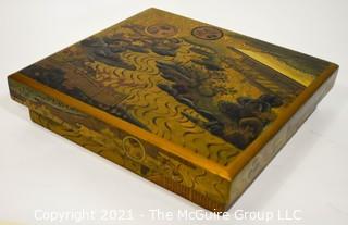 Gilt Asian Painted Lacquer Lined Box; 14 X 14 x 3"T