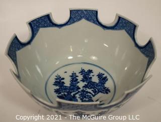 Blue & White Porcelain "Monteith" Bowl Signed Mottahedeh with Turrets Display Punch Bowl.  Comes with silver plated stand now shown. A reproduction of a Metropolitan Museum of Art original, this unusual shape was one designed to hold wine glasses; 12 1/2" diameter x 6"T