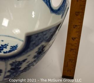 Blue & White Porcelain "Monteith" Bowl Signed Mottahedeh with Turrets Display Punch Bowl.  Comes with silver plated stand now shown. A reproduction of a Metropolitan Museum of Art original, this unusual shape was one designed to hold wine glasses; 12 1/2" diameter x 6"T