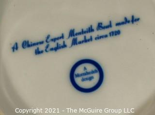 Blue & White Porcelain "Monteith" Bowl Signed Mottahedeh with Turrets Display Punch Bowl.  Comes with silver plated stand now shown. A reproduction of a Metropolitan Museum of Art original, this unusual shape was one designed to hold wine glasses; 12 1/2" diameter x 6"T