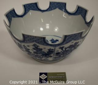 Blue & White Porcelain "Monteith" Bowl Signed Mottahedeh with Turrets Display Punch Bowl.  Comes with silver plated stand now shown. A reproduction of a Metropolitan Museum of Art original, this unusual shape was one designed to hold wine glasses; 12 1/2" diameter x 6"T