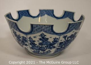 Blue & White Porcelain "Monteith" Bowl Signed Mottahedeh with Turrets Display Punch Bowl.  Comes with silver plated stand now shown. A reproduction of a Metropolitan Museum of Art original, this unusual shape was one designed to hold wine glasses; 12 1/2" diameter x 6"T